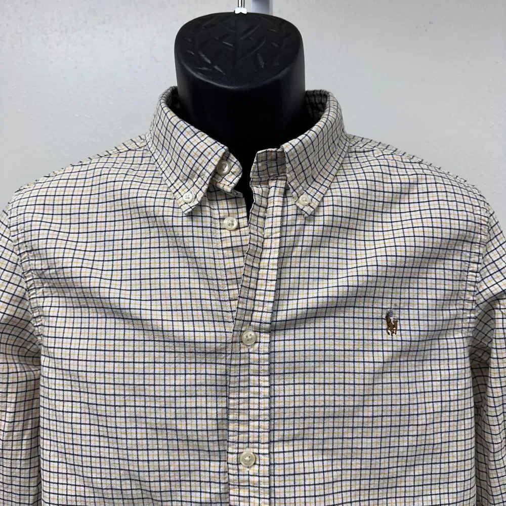 Ralph Lauren Light Brown Blue Checkered Button Down Long Sleeve Shirt Size Small